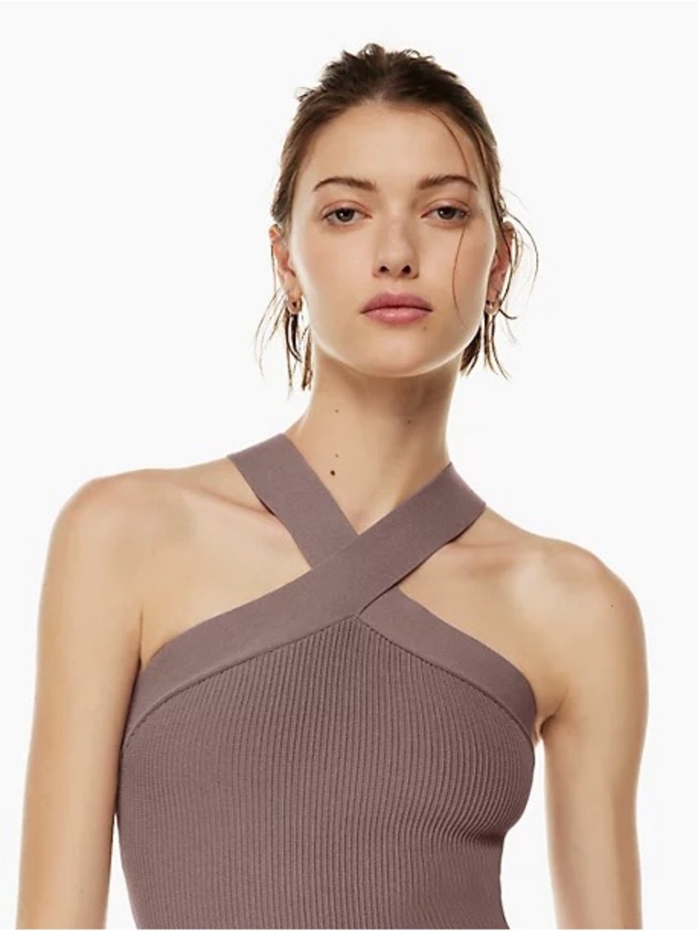 Aritzia Babaton Sculpt knit criss cross ribbed halter top Dusty Mauve minimalist